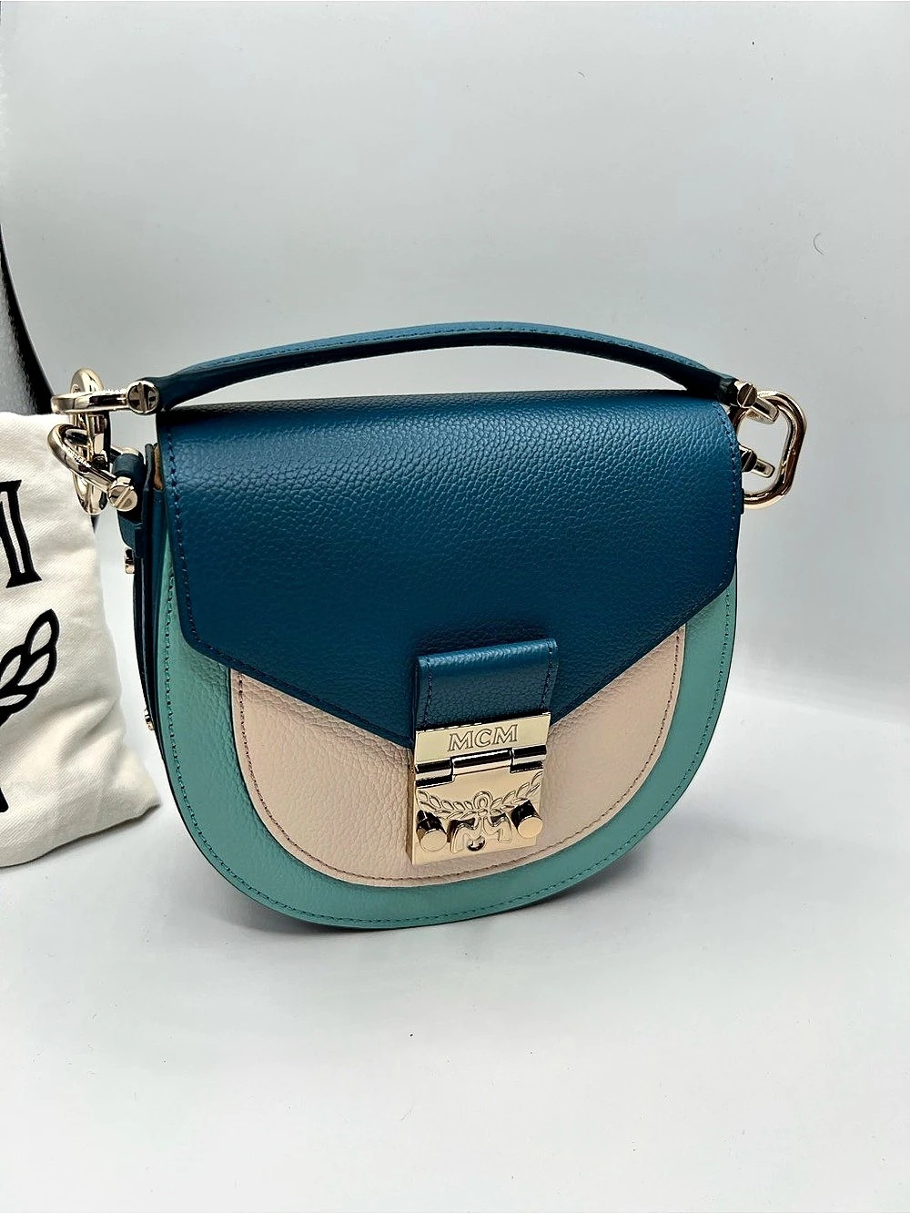 MCM Patricia Colorblock Leather Saddle Bag Blue & Green Crossbody